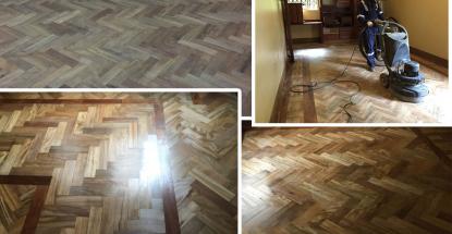 A before-and-after comparison of our restorative work on a wooden floor at a private residence