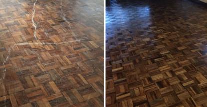 A before-and-after comparison of our restorative work on a wooden floor at a private residence